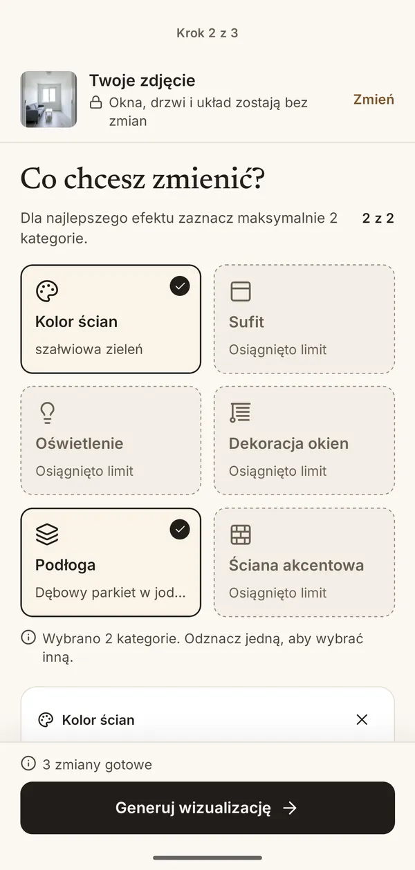 Ekran aplikacji z wyborem zmian: kolor ścian, sufit, oświetlenie, zasłony i rolety, podłoga, ściana akcentowa