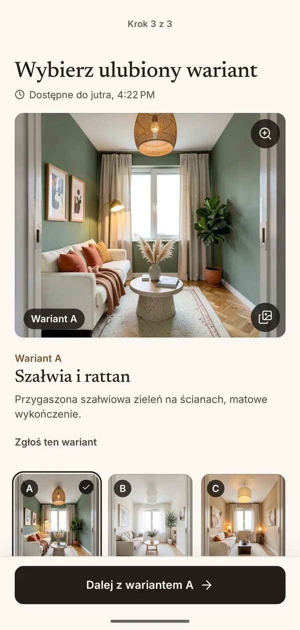 Ekran aplikacji z trzema projektami wnętrza z AI: A, B i C, do wyboru ulubionego