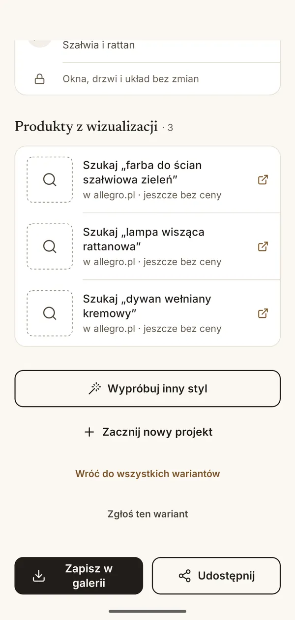 Ekran aplikacji z produktami pasującymi do projektu: farba do ścian, rattanowa lampa wisząca i wełniany dywan