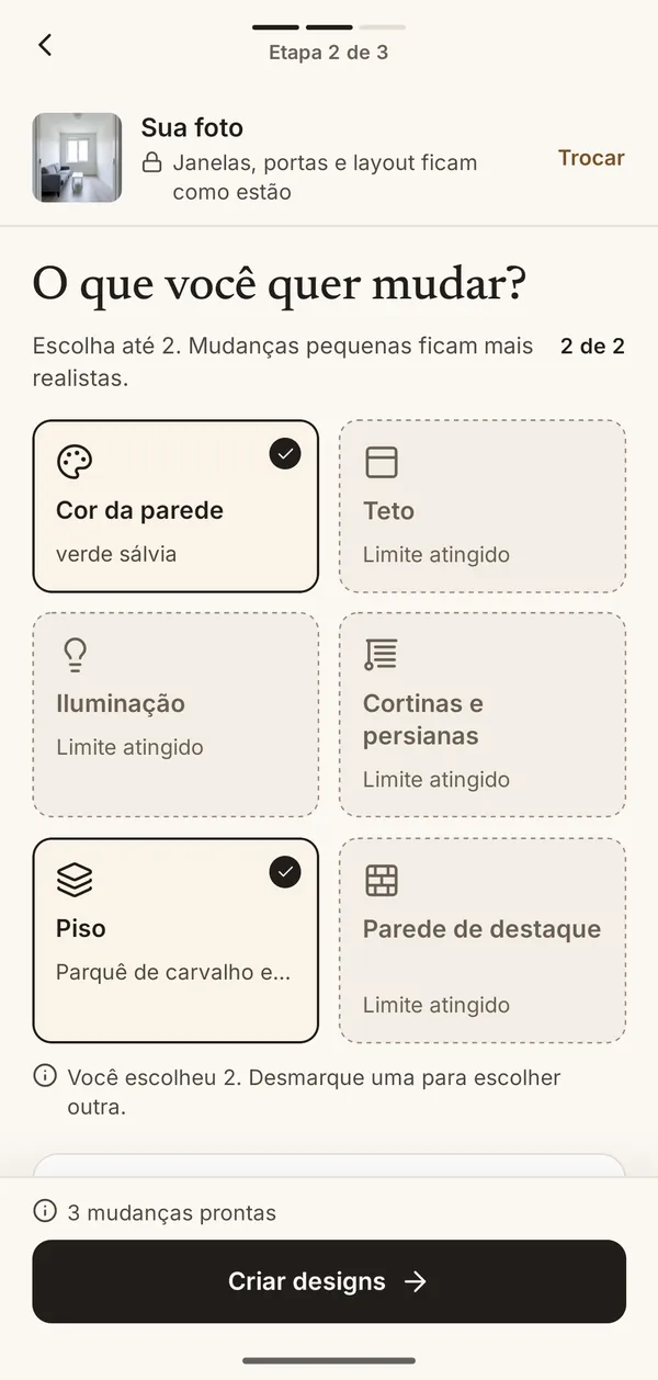 Tela do app para escolher o que mudar: cor da parede, teto, iluminação, cortinas, piso, parede de destaque