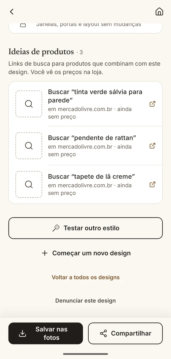 Tela do app com ideias de produtos que combinam com o design: tinta de parede, pendente de rattan e tapete de lã